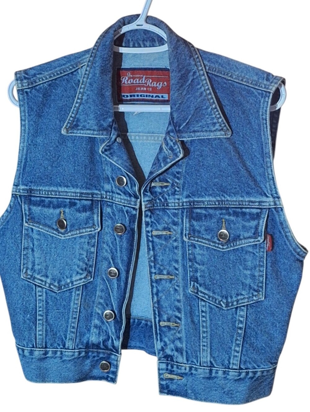 Vintage 90’s Road Rags Denim Vest Womens M Punk Cropped Button up Cinched Waist